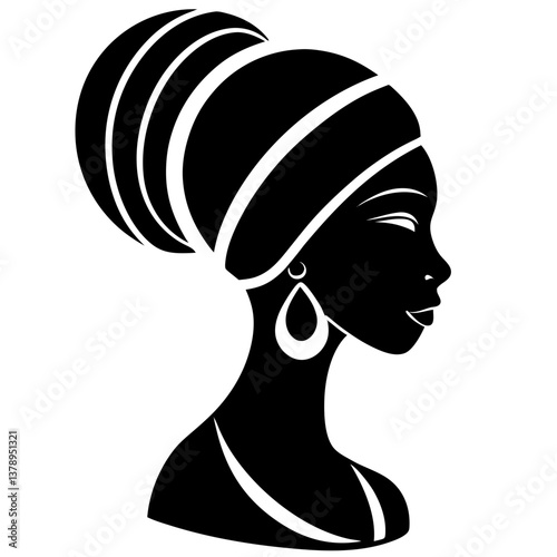 Elegant African woman portrait in black silhouette with traditional head wrap and jewelry.