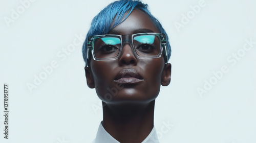 AI-generated close-up of a stylish Black woman with short blue hair and transparent designer glasses – fashion photography