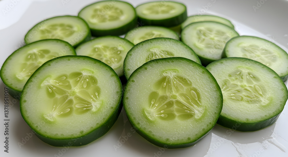 Crisp cucumber slices on a pristine white surface offer fresh coolness Crisp cucumber slices on a pristine white surface offer fresh coolness