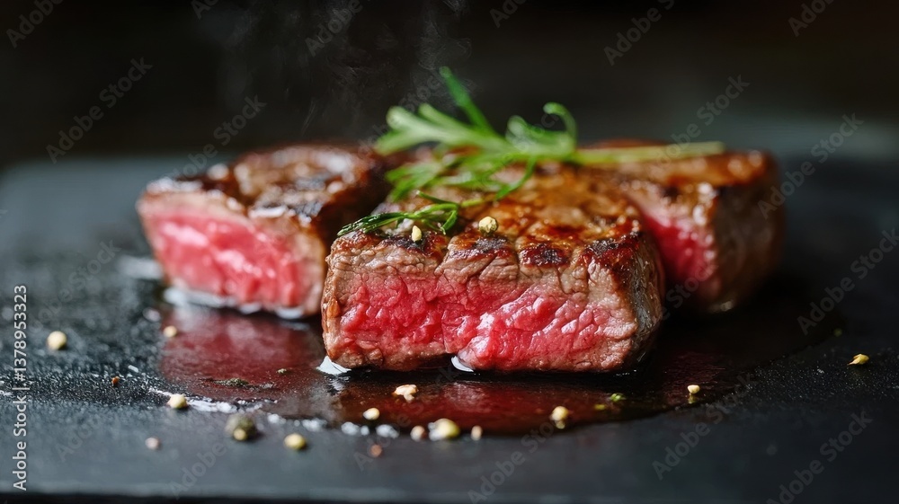 Three perfectly cooked juicy beef steaks sizzle on a dark stone plate garnished with fresh rosemary sprigs and cracked peppercorns releasing tantalizing steam. Three perfectly cooked juicy beef steaks sizzle on a dark stone plate garnished with fresh rosemary sprigs and cracked peppercorns releasing tantalizing steam.