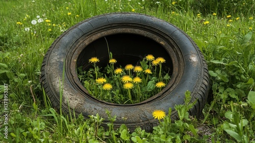 Weathered tire on a meadow, surrounded by bright yellow dandelions and grass