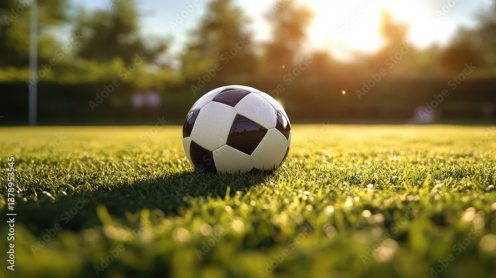 Fototapeta premium A classic black and white soccer ball rests on a lush green grass field du a sunny day with a warm golden light illuminating the scene.