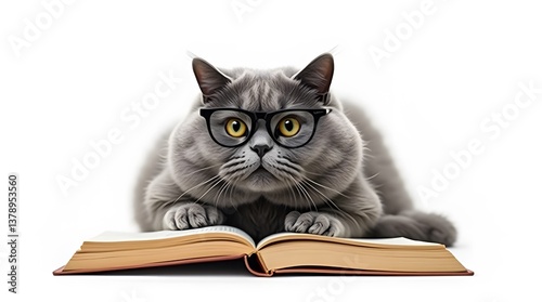 Wallpaper Mural A gray tabby cat in glasses attentively reads a book on a clean white surface, creating a whimsical image of an intelligent feline. Torontodigital.ca