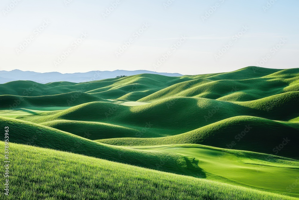 Obraz premium A green golf course nestled amidst rolling hills under clear skies A serene landscape of rolling green hills and manicured fairways .