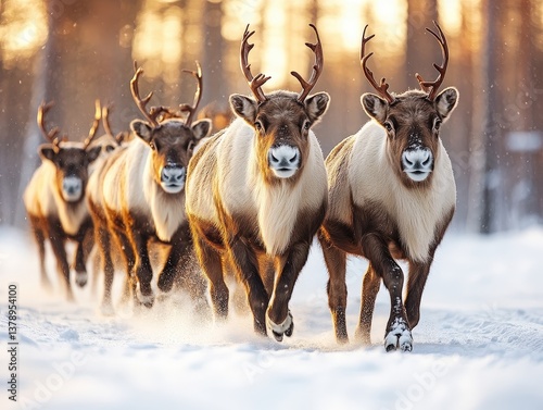 Reindeer herd bursts through a snowy forest, antlers prominent against a blurred, wintry backdrop photo