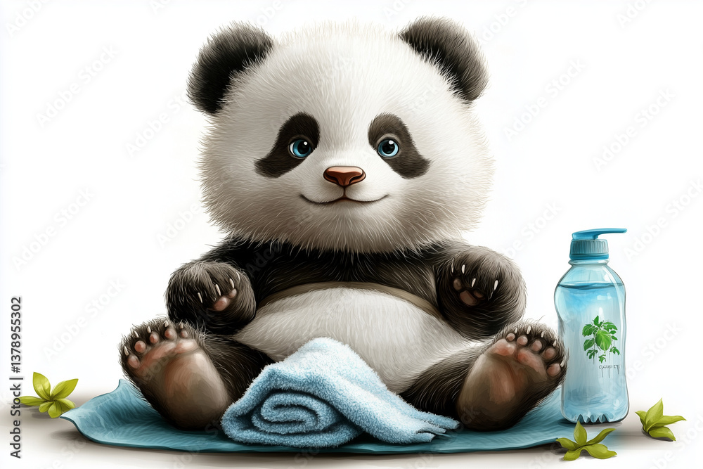 Fototapeta premium Panda sitting on towel with water bottle and green leaves