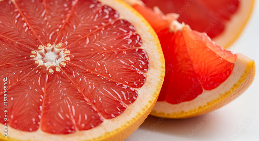 Vibrant close-up of grapefruit slices showcasing juicy segments on white backdrop