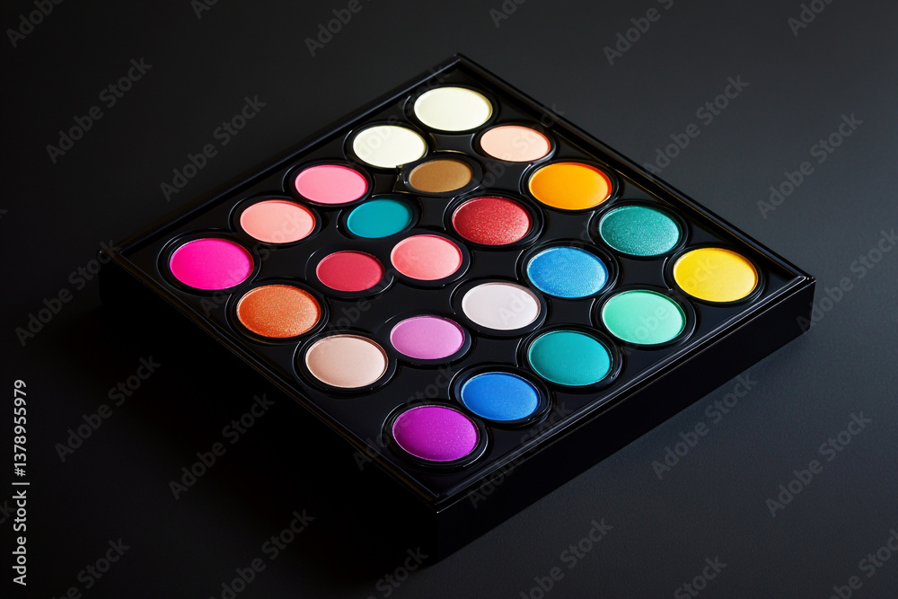 Different colored eyeshadows and blushes in each circle in a black case Different colored eyeshadows and blushes in each circle in a black case