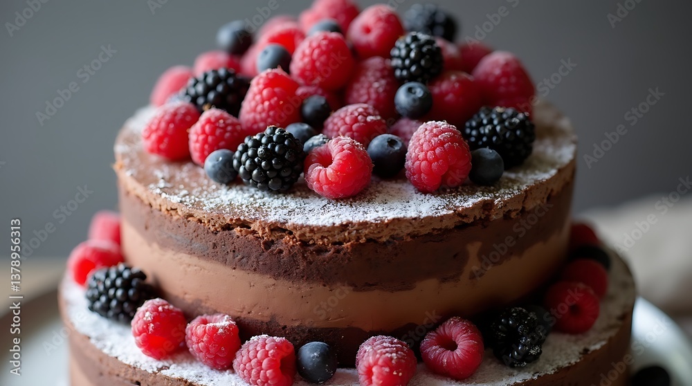 Two-Tiered Naked Chocolate Wedding Cake with Fresh Berries and Powdered Sugar Two-Tiered Naked Chocolate Wedding Cake with Fresh Berries and Powdered Sugar