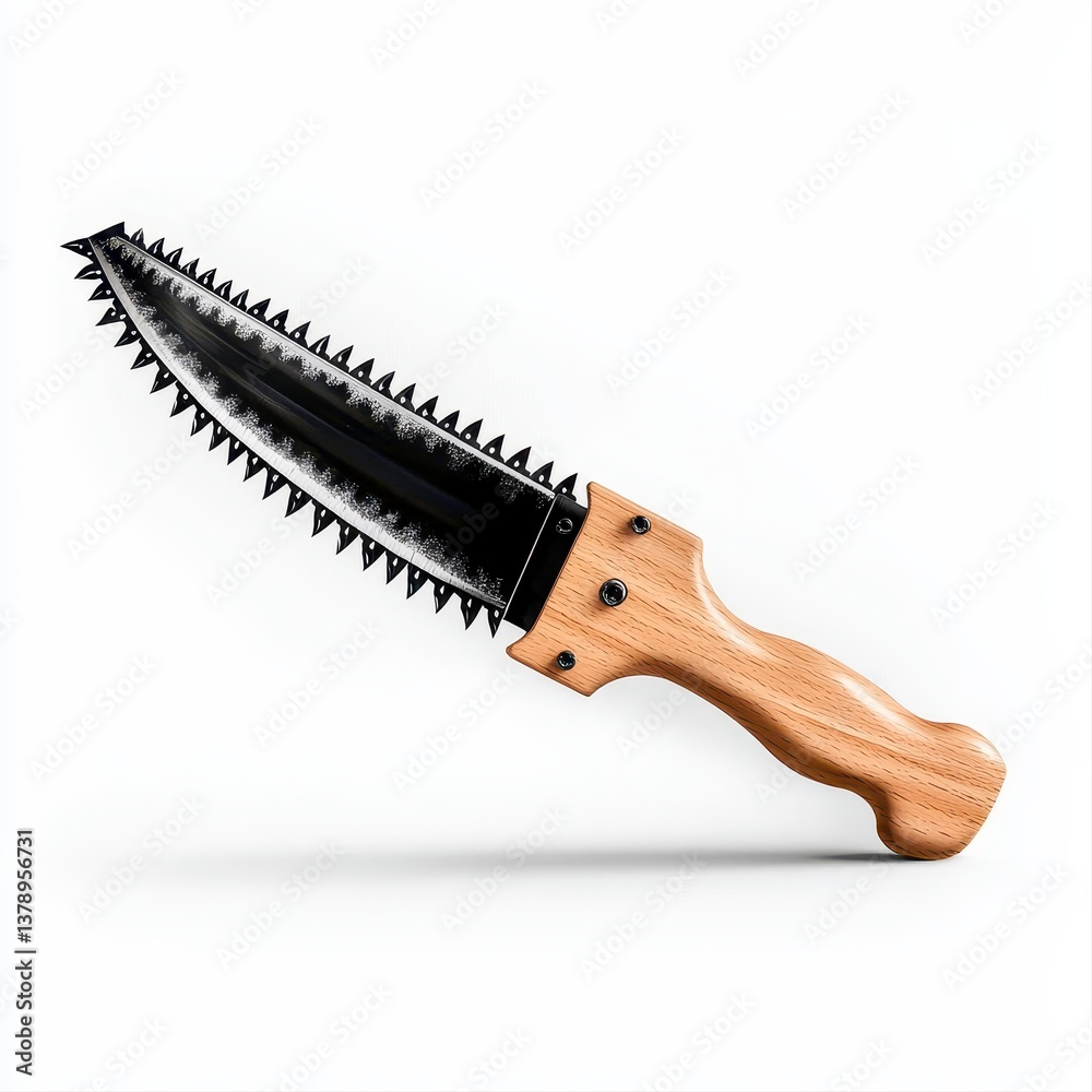 Hand-held pruning saw with a black serrated blade and light brown wooden handle displayed on a clean white background for gardening and landscaping tasks Hand-held pruning saw with a black serrated blade and light brown wooden handle displayed on a clean white background for gardening and landscaping tasks