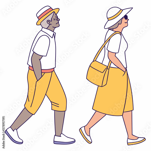 Elderly couple walking stylishly in summer outfits  