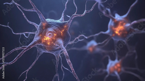 A highly detailed 3D illustration of interconnected neurons glowing with orange synaptic activity on a dark blue background.