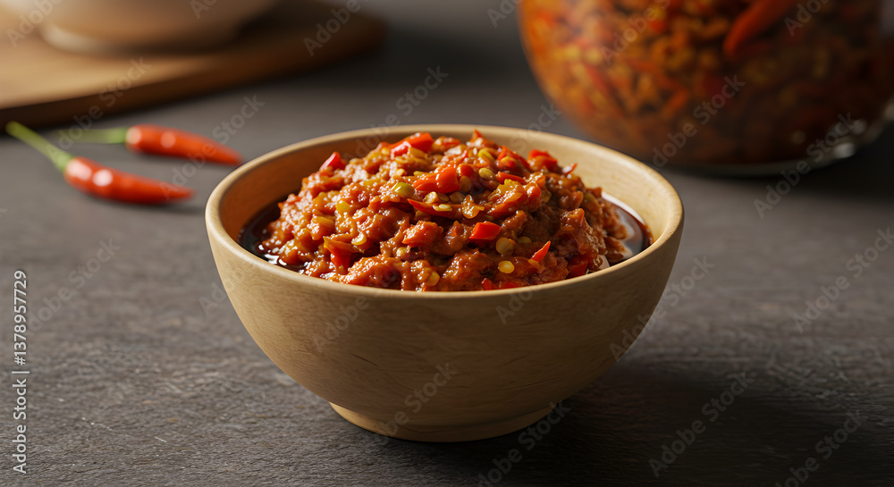 Obraz Fiery delight bowl of homemade sambal oelek chili paste with rich flavors