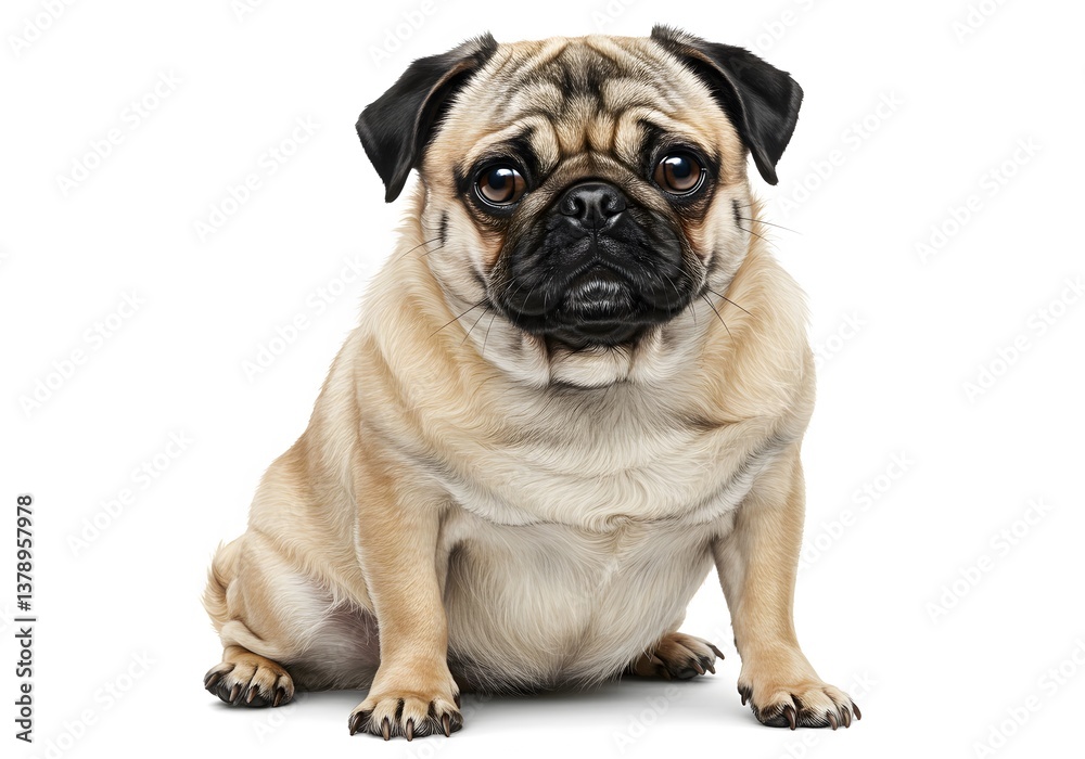 A pug sitting and looking forward on a white background. A pug sitting and looking forward on a white background.