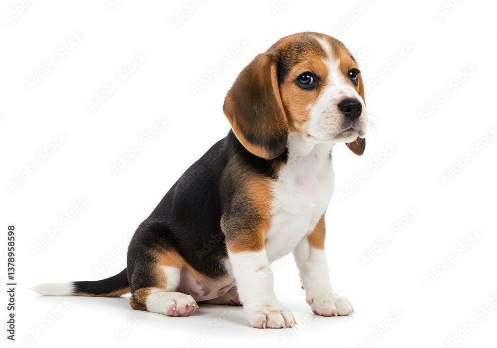 A beagle puppy sitting on a white background looking to the side cute. A beagle puppy sitting on a white background looking to the side cute.