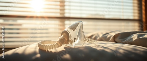 CPAP Mask on Bed Sunrise Light Sleep Apnea Treatment Medical Equipment
