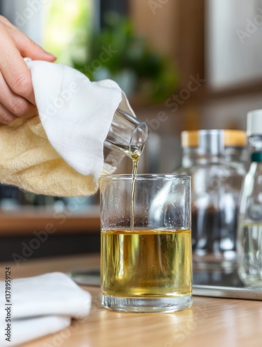 Hand pouring filtered oil through cloth into a clear glass in a bright modern kitchen