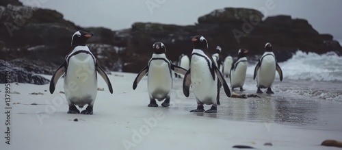 Several penguins walking along a sandy beach on cloudy day
