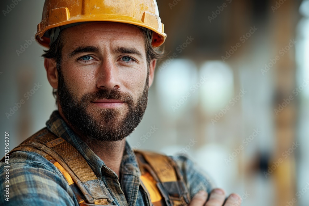 Confident construction worker with a safety helmet, representing modern industry and labor in a thriving work environment. Confident construction worker with a safety helmet, representing modern industry and labor in a thriving work environment.