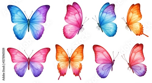 Set of colorful watercolor butterfly, clip art isolated on a white background.