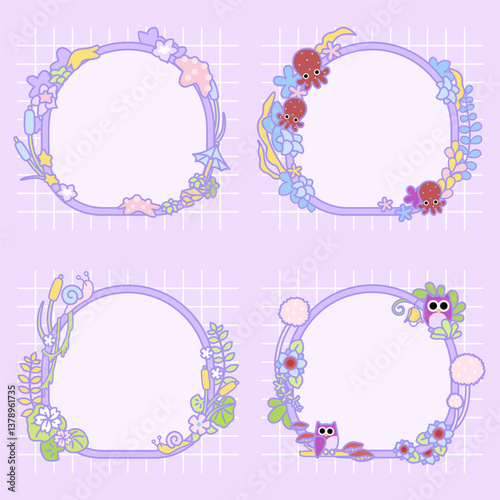 a collection set of purple color theme notepads design frame