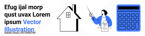 Professional explaining financial calculations with a document beside a house graphic and calculator. Ideal for mortgage planning, real estate, budgeting, financial advice, investment, education