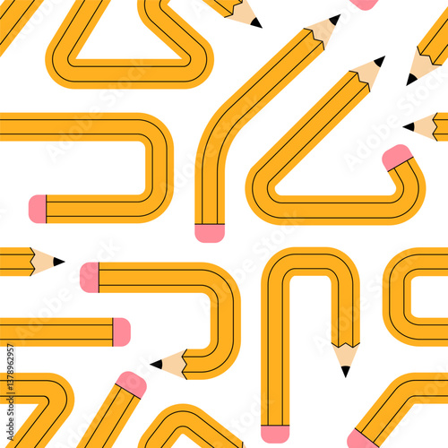  Seamless pattern of yellow pencils bent into abstract shapes with pink erasers on a white