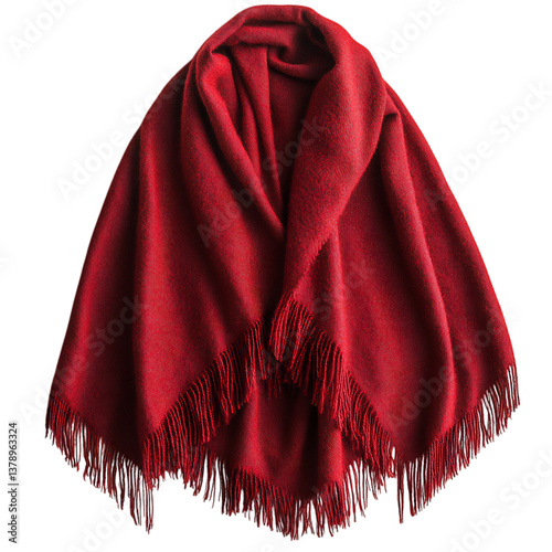 Woolen Poncho with Fringed Edges in Deep Red Isolated on Transparent Background