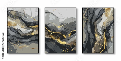 Abstract art watercolor painting, stylish modern wall art, triptych, flowers, texture, gold