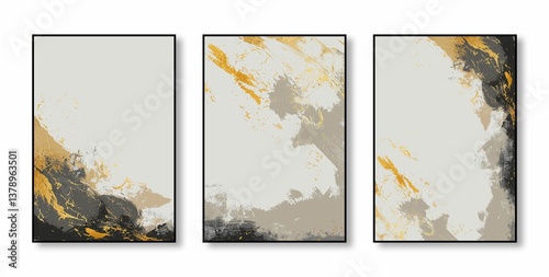 Abstract art watercolor painting, stylish modern wall art, triptych, flowers, texture, gold