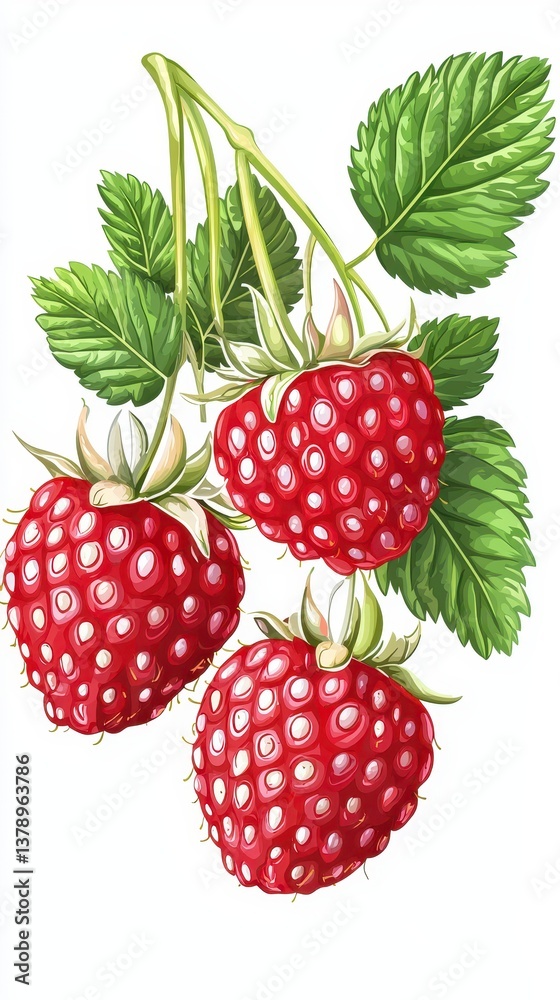 Three fresh raspberries with green leaves isolated on white background showcasing their bright color and natural beauty Three fresh raspberries with green leaves isolated on white background showcasing their bright color and natural beauty