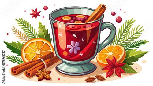 steaming mug rich red mulled wine sits pristine white surface garnished cinnamon stick and orange slice surrounded aromatic spices.