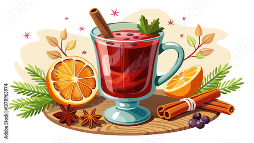steaming mug rich red mulled wine sits pristine white surface garnished cinnamon stick and orange slice surrounded aromatic spices.
