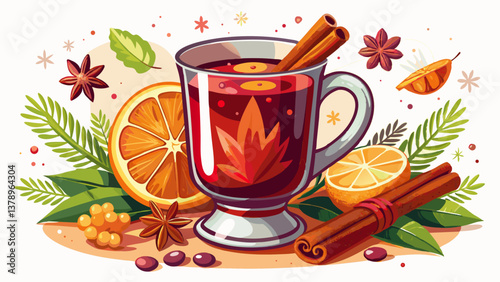 steaming mug rich red mulled wine sits pristine white surface garnished cinnamon stick and orange slice surrounded aromatic spices.