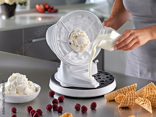 A Caucasian woman is filling an ice cream machine with a natural, homemade mixture. She’s added berries and strawberries for extra taste. Handcrafted waffle cones sit nearby, ready to be used