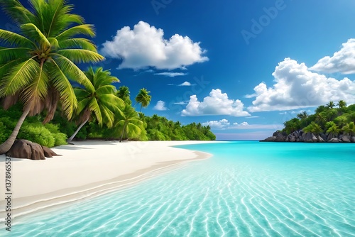A pristine tropical beach paradise under a vibrant blue sky, with swaying palm trees and crystal-clear turquoise water gently lapping the white sand shore.