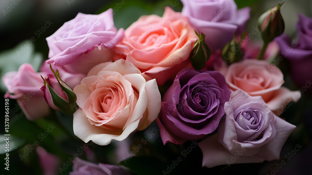 A lush arrangement of mixed roses with soft pink and lavender hues. A lush arrangement of mixed roses with soft pink and lavender hues.