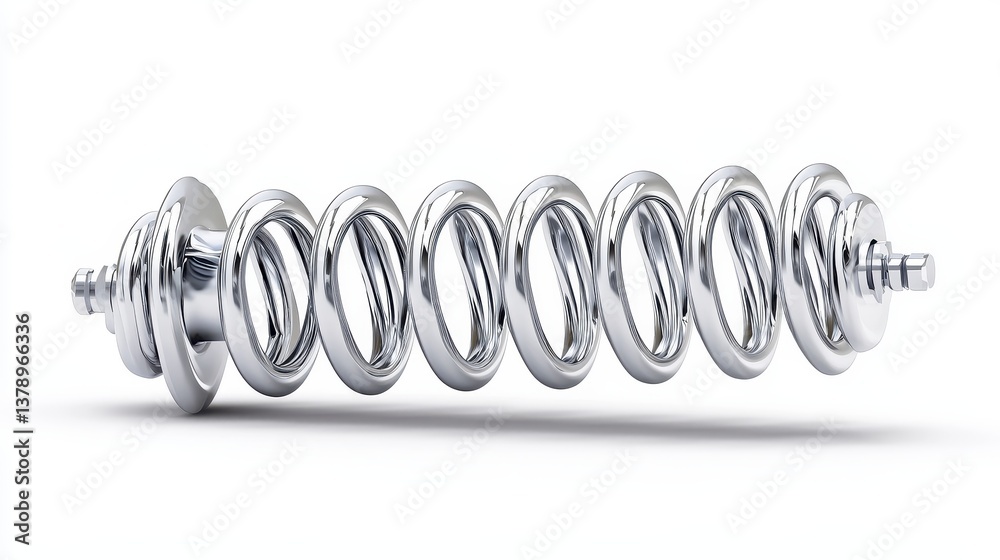 Close-up view of a chrome-plated cylindrical coil sp with end caps isolated on a clean white background for enginee and design applications Close-up view of a chrome-plated cylindrical coil sp with end caps isolated on a clean white background for enginee and design applications
