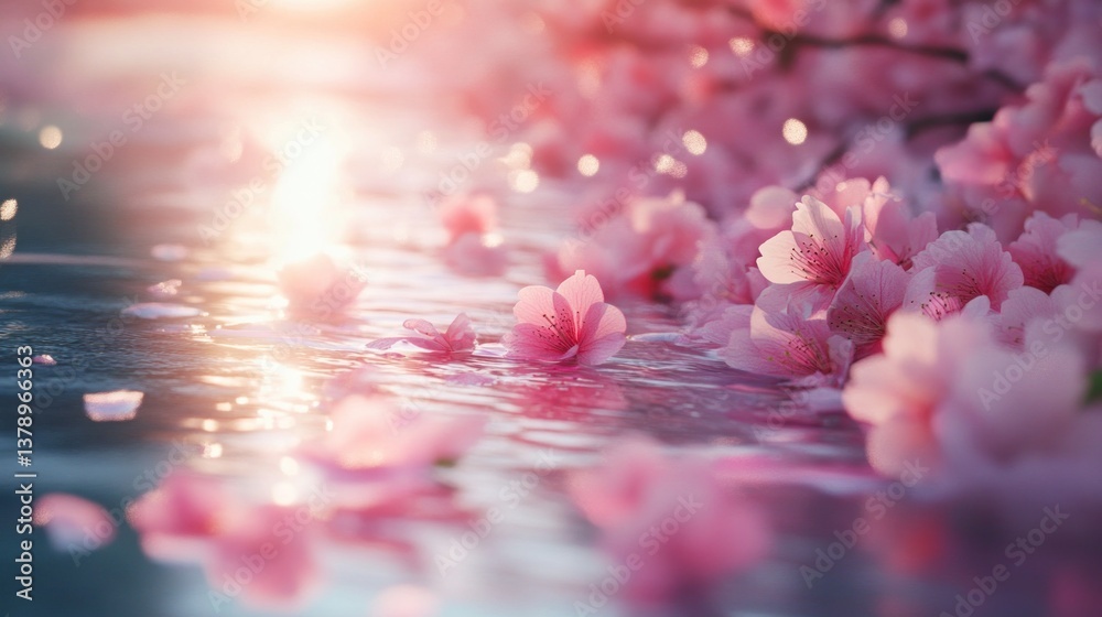 Obraz premium Ethereal cherry blossom riverbank scene with soft light and delicate reflections