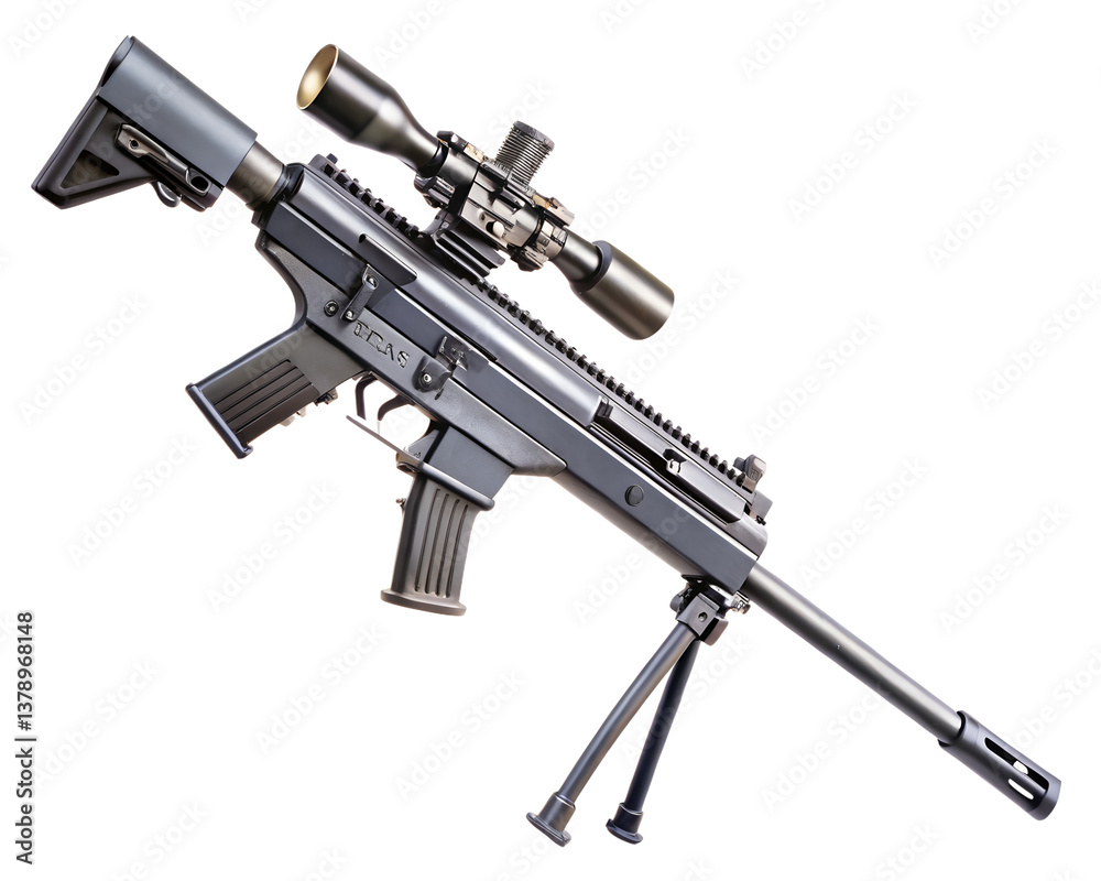 Assault rifle isolated on white background with black metal design and military features Assault rifle isolated on white background with black metal design and military features