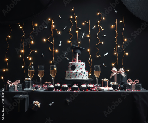 Celebration of achievement with a festive dessert table featuring a graduation cake, sparkling drinks, and colorful decorations