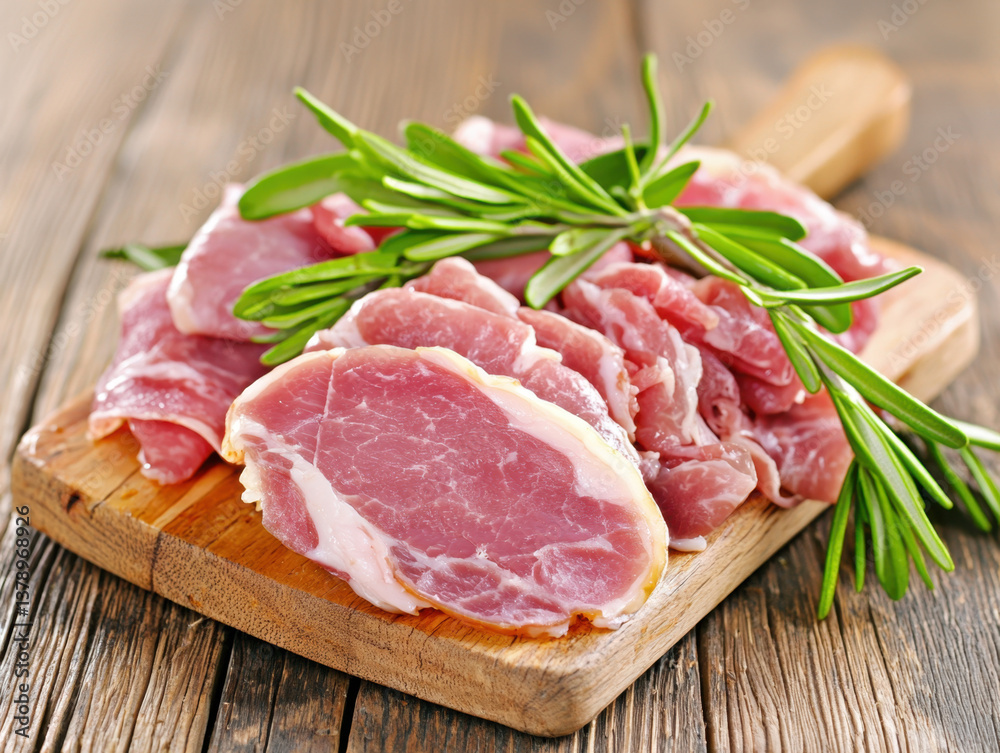 Closeup of Sliced Cured Pink Meat on Rustic Wooden Board with Rosemary Closeup of Sliced Cured Pink Meat on Rustic Wooden Board with Rosemary