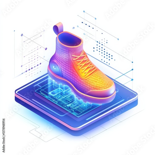 Futuristic Tech Shoe Design: Isometric View of 3D Shoe on a Platform with Circuit Board and Geometric Elements