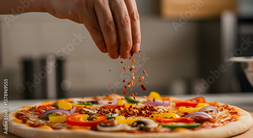 Hand sprinkling vibrant chili flakes on a freshly baked artisanal pizza