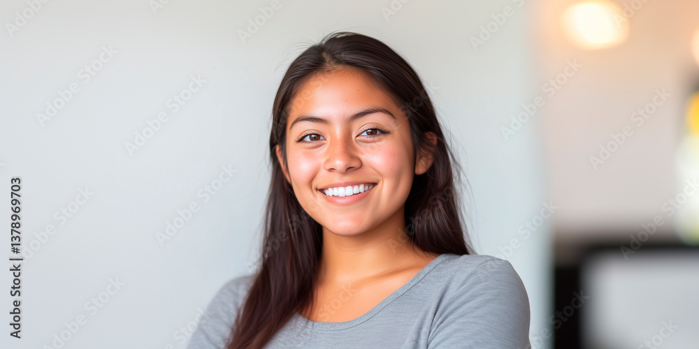 Portrait of a young Latina girl dressed in a gray t-shirt smiling and looking at the camera in an office. Portrait of a young Latina girl dressed in a gray t-shirt smiling and looking at the camera in an office.