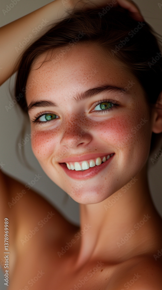 Close-up portrait of a pretty smiling young woman with freckles and green eyes holding her hair with one hand and looking at camera. Close-up portrait of a pretty smiling young woman with freckles and green eyes holding her hair with one hand and looking at camera.