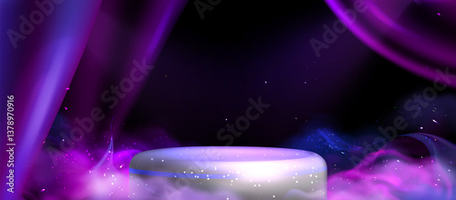 Purple stage award scene. Silver stage award podium with purple luxurious silk draperies for interior decoration. Blue - purple smoke background with neon particles on the a dark  background