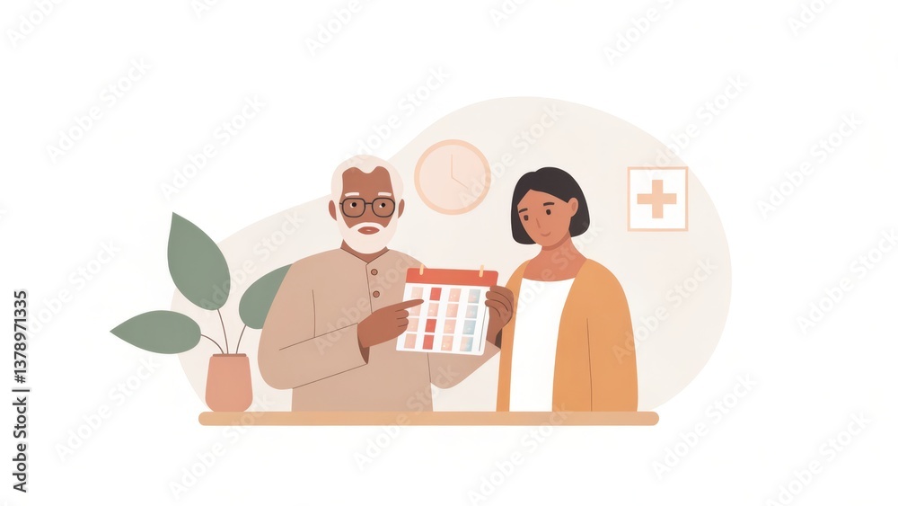 Fototapeta premium A man and woman stand together, holding a calendar, with a plant and a medical cross symbol in the background, suggesting a healthcare or scheduling theme.