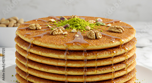 Delicious stack of syrupy qatayef pancakes adorned with nuts and pistachios photo