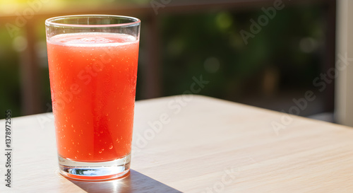 Refreshing guava nectar in glass, a cool tropical beverage on wooden table